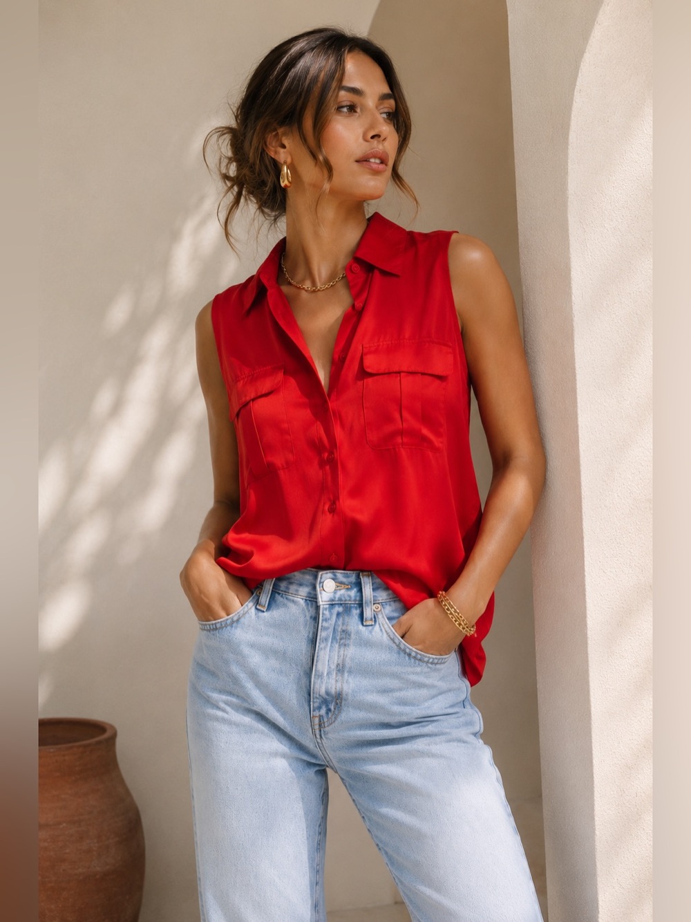 Vintage Barneys New York 100% Silk Sleeveless Button Front Blouse Red XS
